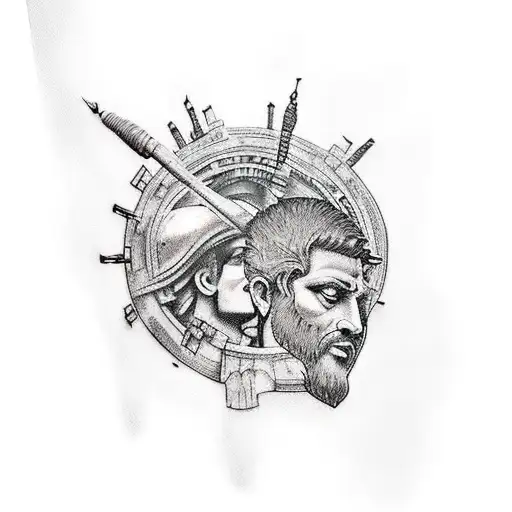 I want a tattoo in this style, but it need to have: - something refered to stoic spirit - roman colosseum - spartan warr tattoo design idea