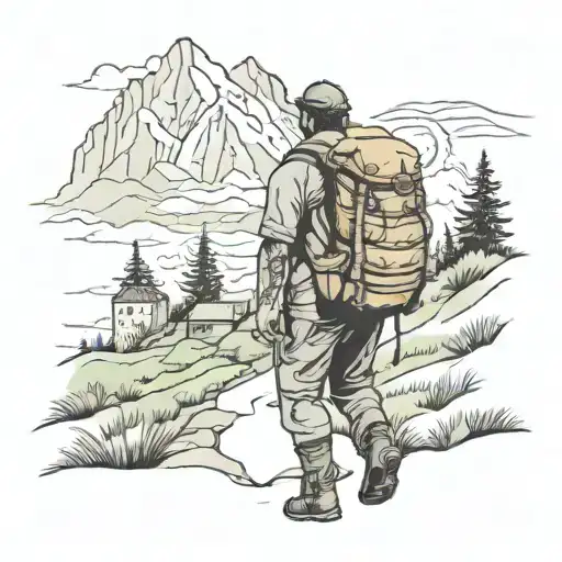 man walking in the mountains with big backpack, with a shell of camino de santiago tattoo design idea