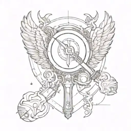 The shield in the background has a sword and a magnifying glass on it, behind it are wings. arrange everything only with lines tattoo design idea