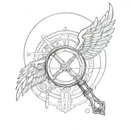 The shield in the background has a sword and a magnifying glass on it, behind it are wings. arrange everything only with lines tattoo design idea