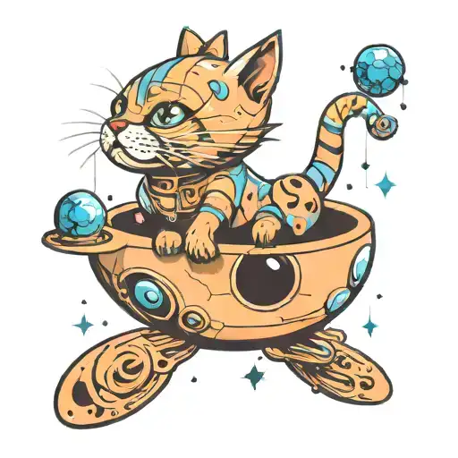 Surreal 3D cat floating in space with space theme tattoo design idea