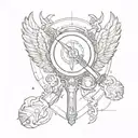 The shield in the background has a sword and a magnifying glass on it, behind it are wings. arrange everything only with lines tattoo design idea