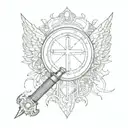 The shield in the background has a sword and a magnifying glass on it, behind it are wings. arrange everything only with lines tattoo design idea