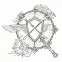 The shield in the background has a sword and a magnifying glass on it, behind it are wings. arrange everything only with lines tattoo design idea