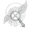 The shield in the background has a sword and a magnifying glass on it, behind it are wings. arrange everything only with lines tattoo design idea