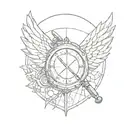 The shield in the background has a sword and a magnifying glass on it, behind it are wings. arrange everything only with lines tattoo design idea