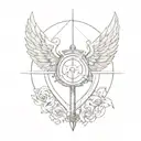 The shield in the background has a sword and a magnifying glass on it, behind it are wings. arrange everything only with lines tattoo design idea
