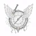 The shield in the background has a sword and a magnifying glass on it, behind it are wings. arrange everything only with lines tattoo design idea