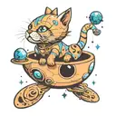Surreal 3D cat floating in space with space theme tattoo design idea