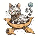 Surreal 3D cat floating in space with space theme tattoo design idea