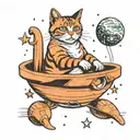 Surreal 3D cat floating in space with space theme tattoo design idea
