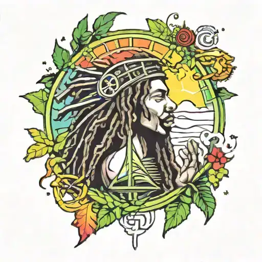 A mystical tattoo design of a Rasta-inspired scene with reggae music notes, nature elements, and positive vibes, symbolizing unity and peace tattoo design idea