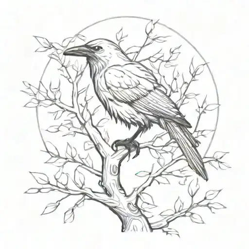 A minimalist tattoo design featuring Hayko Cepkin's profile surrounded by gothic-style branches and stylized crows. tattoo design idea