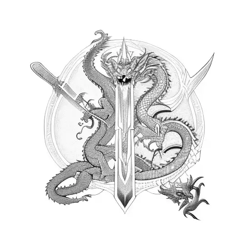 Dragon and sword intertwined within a labyrinth tattoo design idea