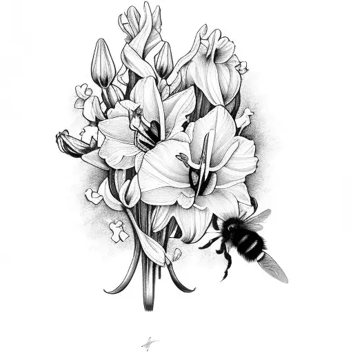 bouquet daffodil carnation lily gladiolus bumble bee tattoo design idea