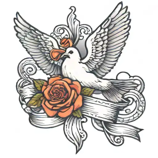 dove with clouds around it holding a ribbon and a rose  tattoo design idea