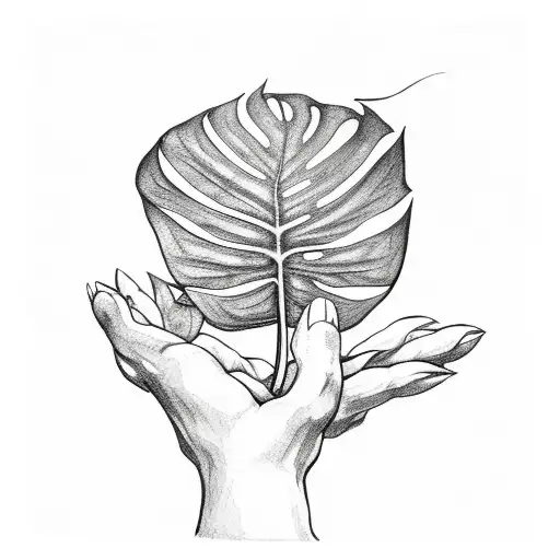 monstera leaf being held by a demon hand  tattoo design idea