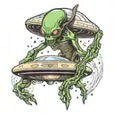 realistic alien in ufo abducting human tattoo design idea