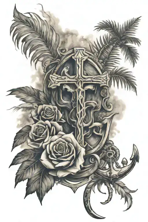 cross rose anchor palm tree smoke  tattoo design idea