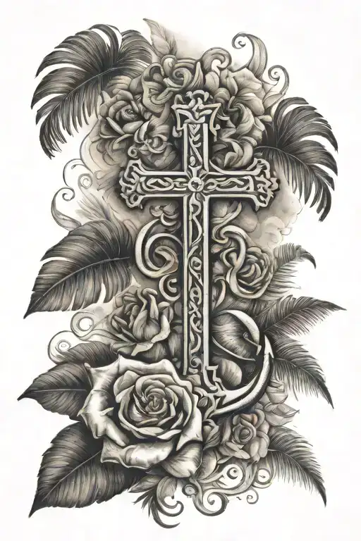 cross rose anchor palm tree smoke letter r tattoo design idea
