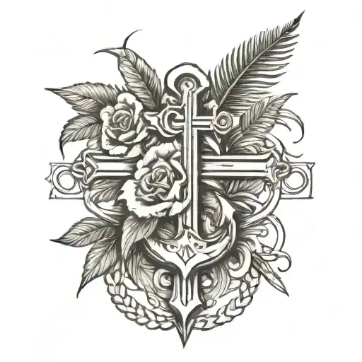 cross rose anchor bird palm tree intertwined tattoo design idea