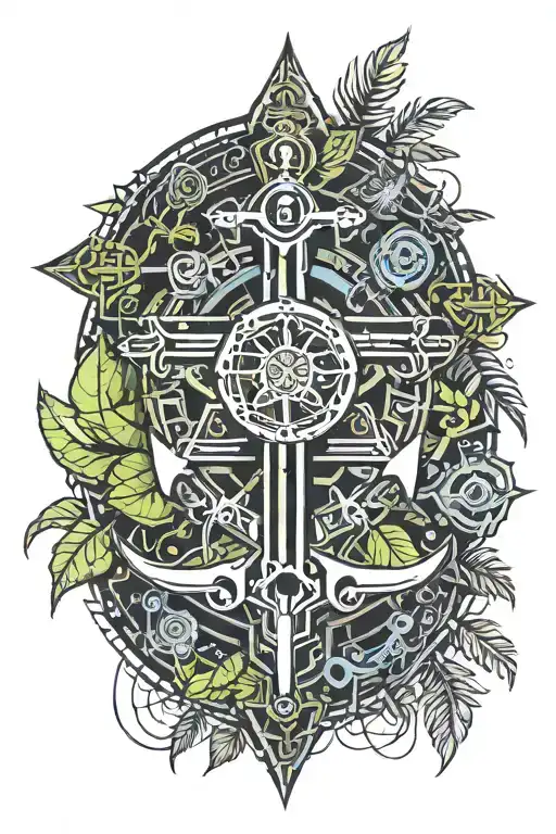 cross rose anchor palm tree smoke  tattoo design idea