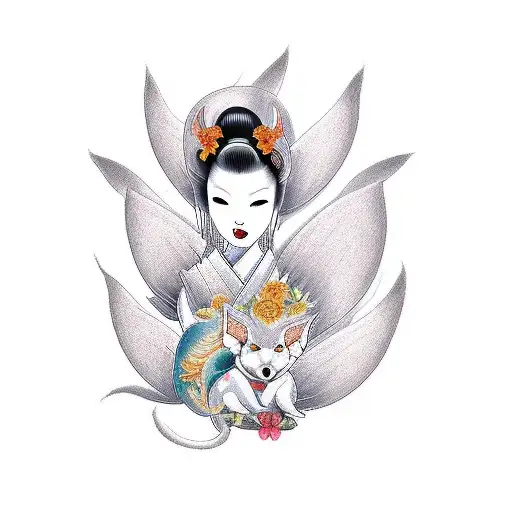 geisha and ninetails with lotus tattoo design idea