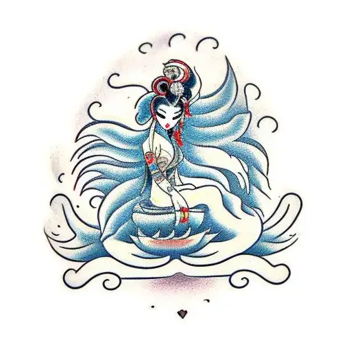 geisha and ninetails with lotus tattoo design idea