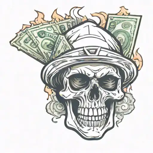 flaming moneybag skull tattoo design idea