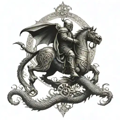 An intricate dotwork tattoo of a Templar knight riding a dragon into battle, with historical symbols and imagery incorporated into the design tattoo design idea