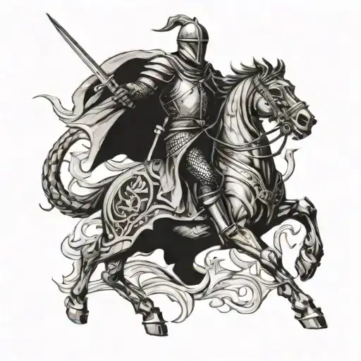A tattoo design featuring a historical battle scene from the medieval era, with a Templar knight leading the charge against a dragon tattoo design idea