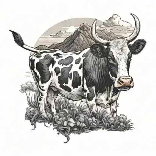 A cow wearing Mickey Mouse ears in front of the Mourne Mountains tattoo design idea