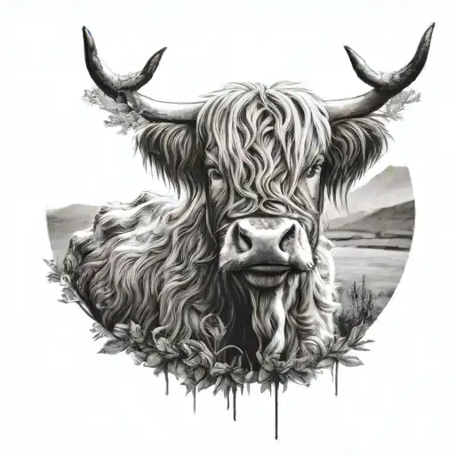highland cow wearing boots on it's feet  tattoo design idea