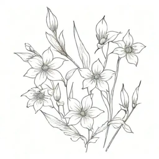 Stem saying It's not the end of the world with 3 aster flowers,  1 narcissus flowers, 1 larkspur, 1 daisy flower tattoo design idea