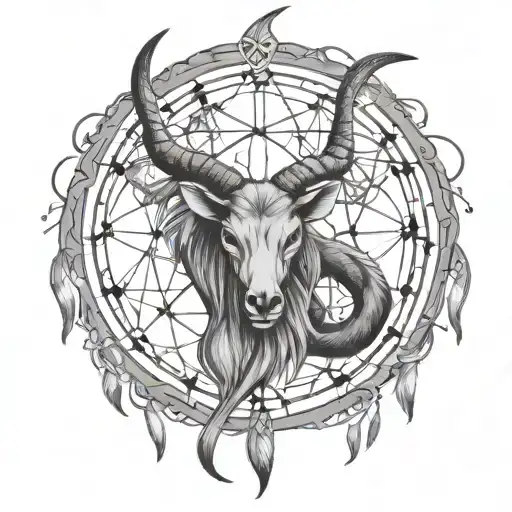 A dream catcher with zodiac symbols for Capricorn, Aquarius, and Cancer intertwined in the design tattoo design idea