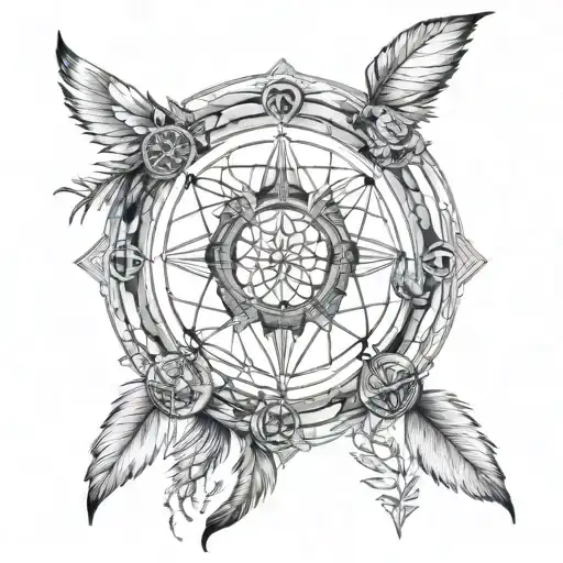 A dream catcher with zodiac symbols for Capricorn, Aquarius, and Cancer intertwined in the design tattoo design idea