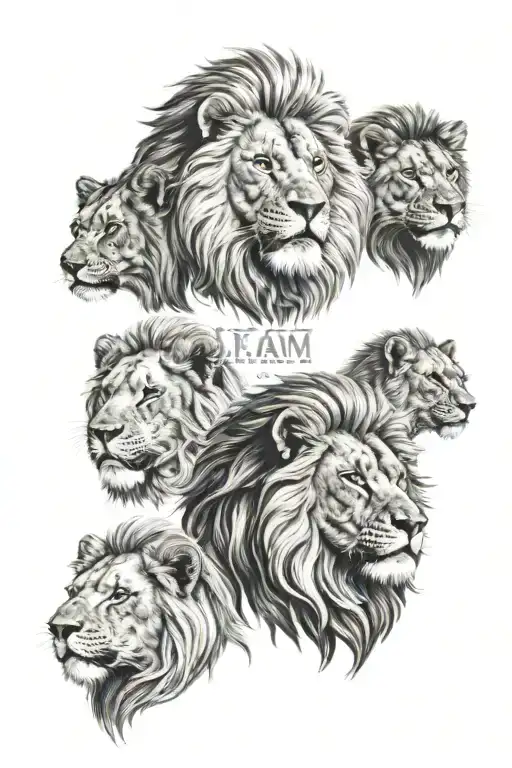 first name Bonny, Lyam and Talonn with three lion heads tattoo design idea
