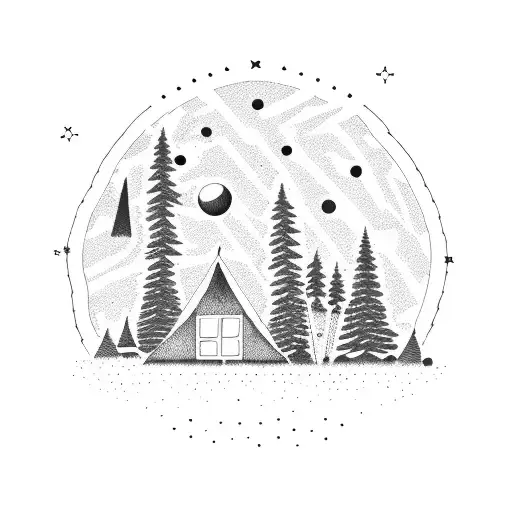 A soccer field merged with a scenic camping spot under a starry sky tattoo design idea
