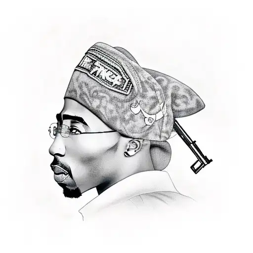 2pac portrait with a gun on the head tattoo design idea