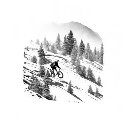 A black-grey tattoo of a mountain biker riding up a steep rocky trail with trees in the background tattoo design idea