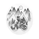 A detailed blackwork tattoo of a mountain biker riding through a forest trail with a craft brewery logo incorporated tattoo design idea