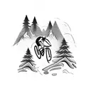 A detailed blackwork tattoo of a mountain biker riding through a forest trail with a craft brewery logo incorporated tattoo design idea