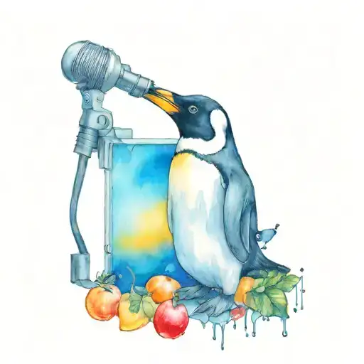 mini penguin infront of standing white mic with cherries and oranges tattoo design idea