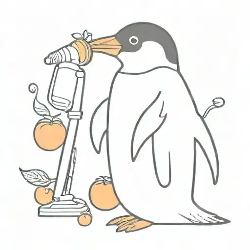 cute penguin infront of standing white mic with cherries and oranges tattoo design idea