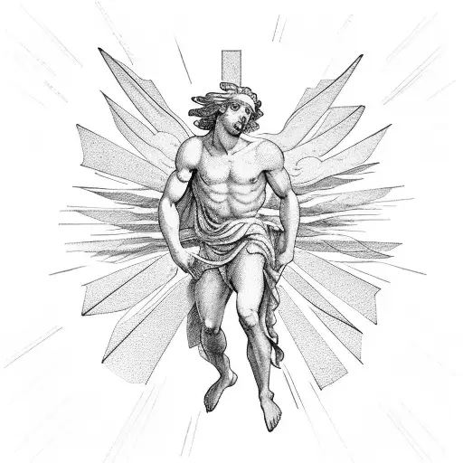 Icarus from Greek mythology with the sun above him, conveying a sense of motion, and incorporating some geometric shapes tattoo design idea