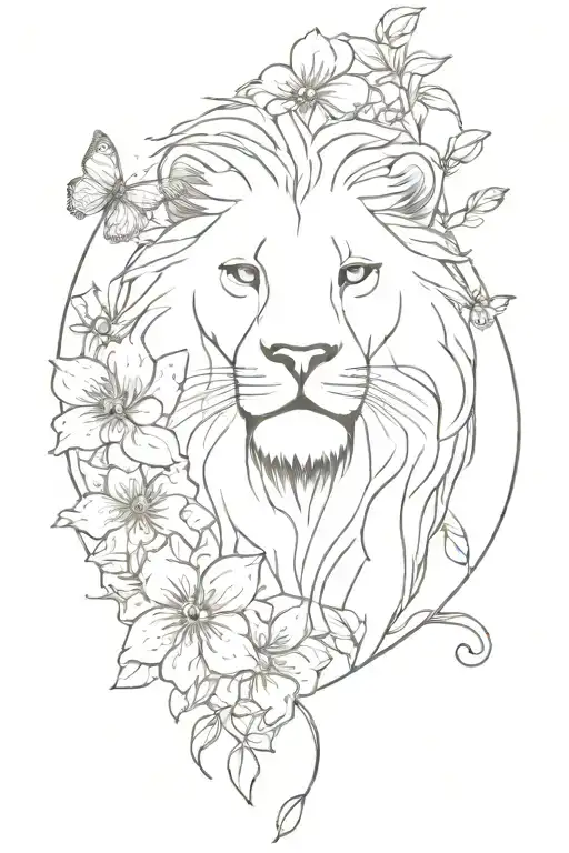 blue eyed lion surrounded by blossoming flowers and blue butterflies tattoo design idea