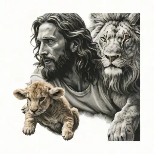 Jesus holding a lamb with a lion roaring in the background  tattoo design idea