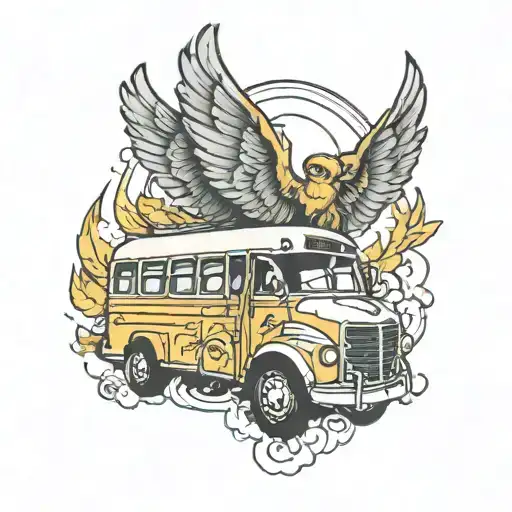 Bus with wings and happiness tattoo design idea