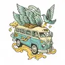 Bus with wings and happiness tattoo design idea