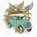 Bus with wings and happiness tattoo design idea